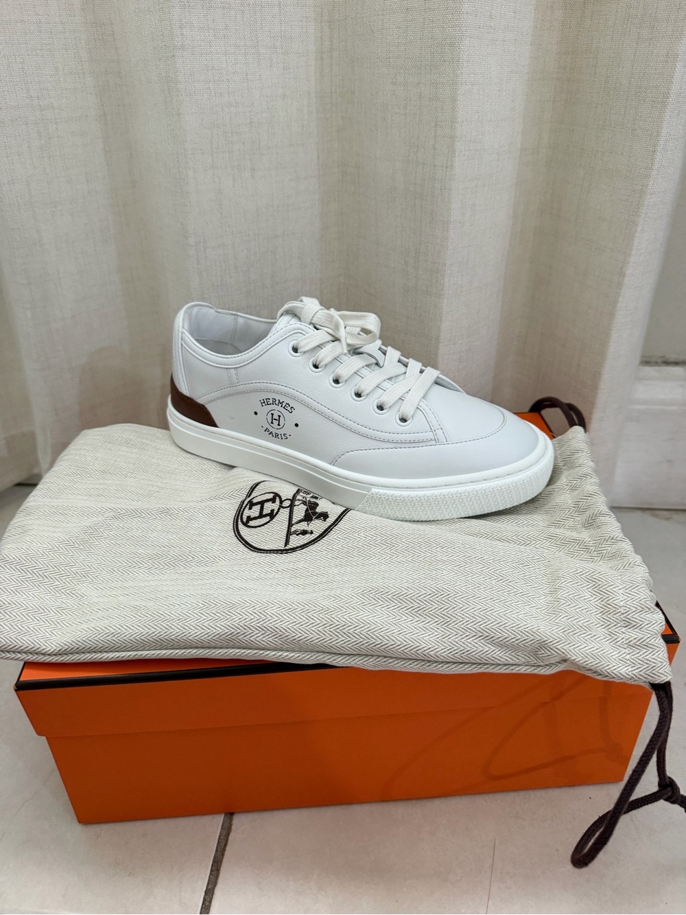 Hermes White Leather Low-Top Sneaker with Brown Heel Patch